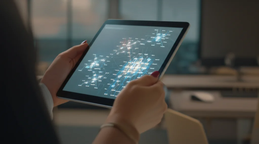 Grafico complesso di correlazioni e mutual information visualizzato su un tablet tenuto da mani curate, sfondo sfocato di un ufficio di analisi dati. Profondità di campo, obiettivo 50mm, luce soffusa.
