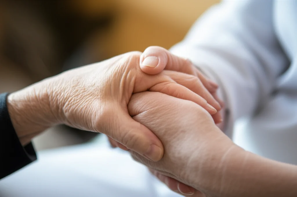Fotografia macro di una mano anziana che stringe delicatamente la mano più giovane di un operatore sanitario in un ambiente ospedaliero luminoso, obiettivo macro 85mm, alta definizione, illuminazione controllata, focus preciso sulla texture della pelle.