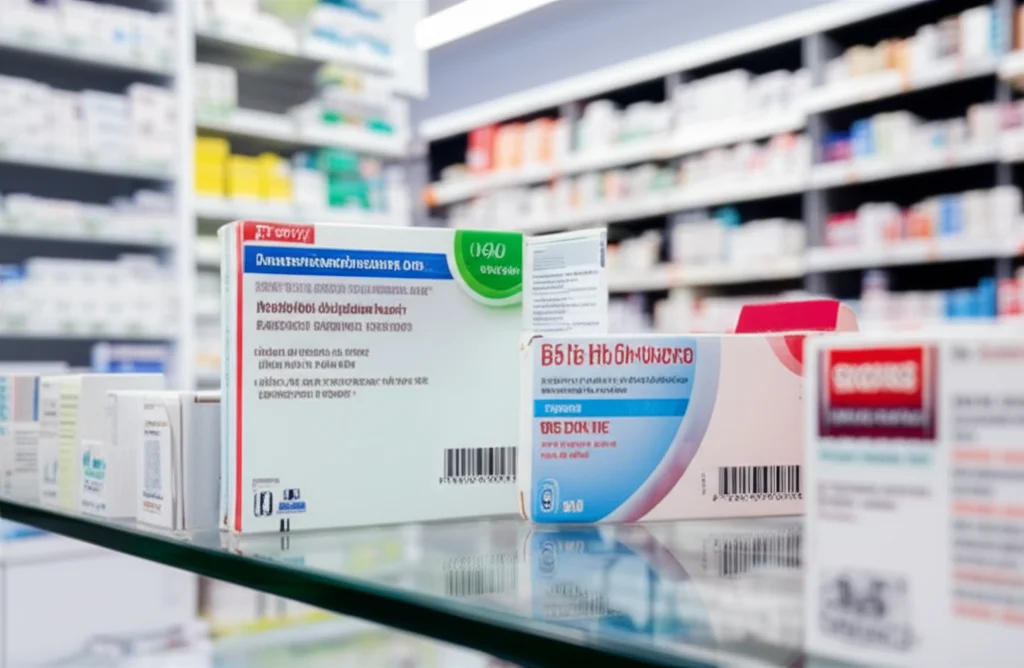 Una farmacia moderna e luminosa nei Paesi Bassi, focus su uno scaffale con scatole di farmaci antiretrovirali, alcuni generici e altri di marca. Luce controllata, obiettivo macro 85mm, alta definizione dei dettagli sulle confezioni.