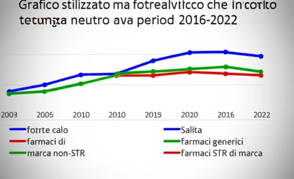 Grafico stilizzato ma fotorealistico che mostra tre linee di tendenza su uno sfondo neutro per il periodo 2016-2022: una linea blu in forte calo (farmaci di marca non-STR), una linea verde in salita (farmaci generici) e una linea rossa in forte salita (farmaci STR di marca). Illuminazione da studio, focus nitido sul grafico, obiettivo 50mm.