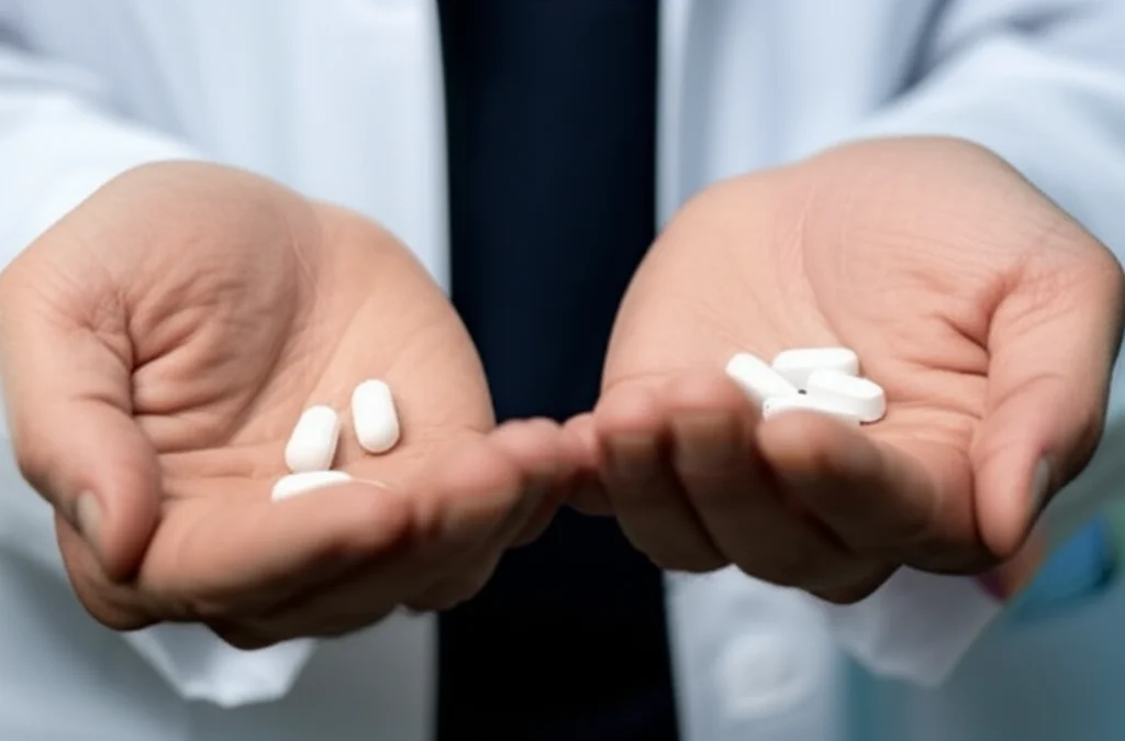 Primo piano su due mani che dividono delicatamente una compressa singola (Single-Tablet Regimen) accanto a due compresse separate (componenti generici). Sfondo leggermente sfocato di un ambiente clinico pulito. Obiettivo macro 100mm, messa a fuoco precisa sulle compresse e sulle mani, illuminazione morbida e naturale.