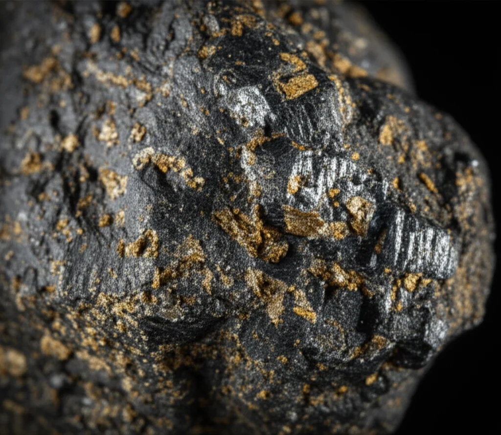 Macro fotografia di un pezzo di carbone lignite grezzo, obiettivo macro 90mm, alta definizione, illuminazione controllata per evidenziare la texture porosa e possibili inclusioni minerali brillanti come pirite.