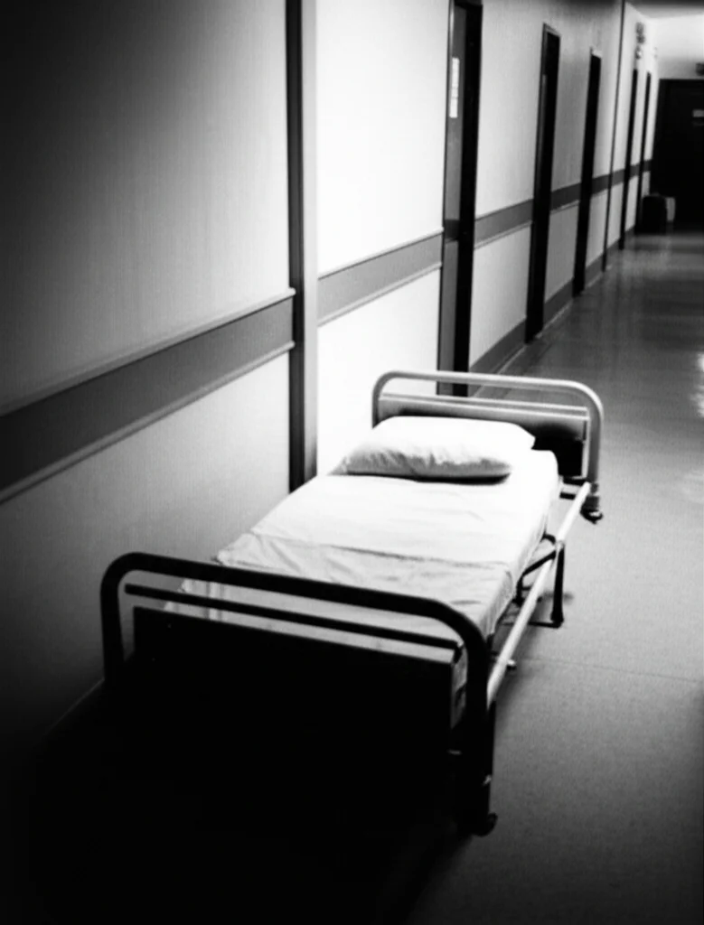 Fotografia realistica in bianco e nero di un letto d'ospedale vuoto in un corridoio lungo e scarsamente illuminato, evocando un senso di solitudine e potenziale sovraccarico, stile film noir, profondità di campo accentuata, obiettivo 35mm, focus selettivo sul cuscino.