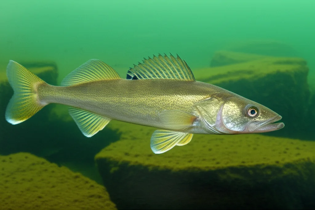 Fotografia subacquea naturalistica di un walleye adulto (Sander vitreus) che nuota vicino a una struttura rocciosa sommersa in acqua dolce limpida ma leggermente verdastra. Obiettivo tele zoom, 150mm, velocità dell'otturatore elevata per congelare il movimento, illuminazione naturale filtrata dall'alto, messa a fuoco nitida sull'occhio e sulle scaglie del pesce, tracciamento del movimento.