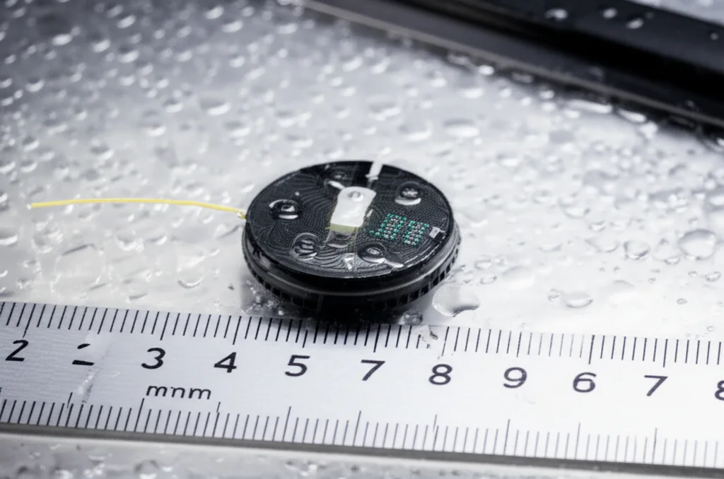 Scatto macro con obiettivo da 90mm che mostra un piccolo tag elettronico (simile a un pDST) accanto a strumenti di misurazione scientifici su una superficie bagnata, suggerendo ricerca ittica. Dettaglio elevato, messa a fuoco precisa, illuminazione controllata e leggermente fredda.