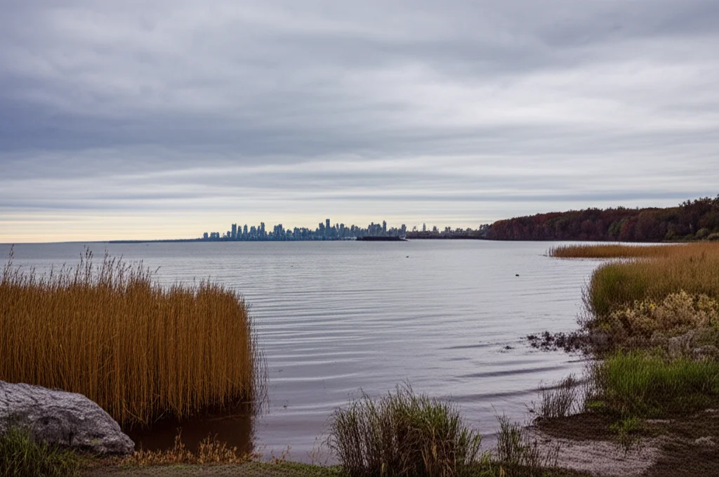 Paesaggio grandangolare, obiettivo 18mm, che mostra la transizione da una baia meno profonda e con canneti (Baia di Quinte) alla vasta distesa di un grande lago (Lago Ontario) sotto un cielo parzialmente nuvoloso. Lunga esposizione per rendere l'acqua leggermente setosa, messa a fuoco nitida su tutta la scena.