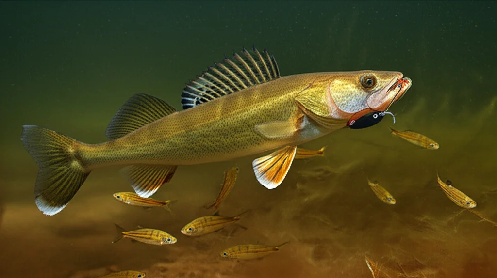 Azione di fauna selvatica, obiettivo tele 300mm, che cattura un walleye mentre caccia attivamente piccoli pesci vicino al fondo durante il crepuscolo (tramonto). Velocità dell'otturatore elevata, tracciamento del movimento, condizioni di scarsa luce con ombre e luci drammatiche.