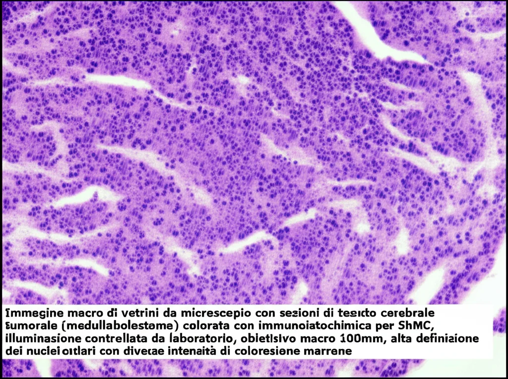 Immagine macro di vetrini da microscopio con sezioni di tessuto cerebrale tumorale (medulloblastoma) colorate con immunoistochimica per 5hmC, illuminazione controllata da laboratorio, obiettivo macro 100mm, alta definizione dei nuclei cellulari con diverse intensità di colorazione marrone.