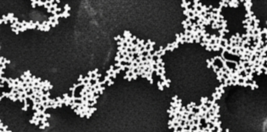 Complessi metallici chelati dalla molecola DDTC, visualizzati a livello molecolare all'interno di una cellula batterica, obiettivo macro 80mm, messa a fuoco precisa, sfondo scuro per enfatizzare le strutture, alta definizione.