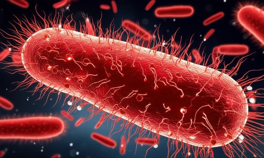 Cellula batterica Staphylococcus aureus che mostra segni visibili di stress ossidativo, con radicali liberi stilizzati (particelle luminose) che attaccano la membrana, obiettivo macro 90mm, alta definizione, illuminazione drammatica, effetto profondità di campo.