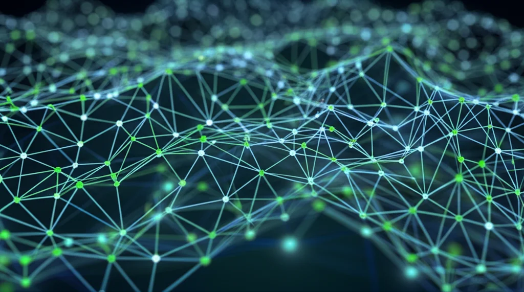 Visualizzazione astratta fotorealistica di una rete neurale profonda in azione, con nodi luminosi blu e verdi interconnessi su sfondo scuro, che analizza strutture molecolari complesse per predire interazioni farmaco-proteina, stile high-tech, alta definizione.