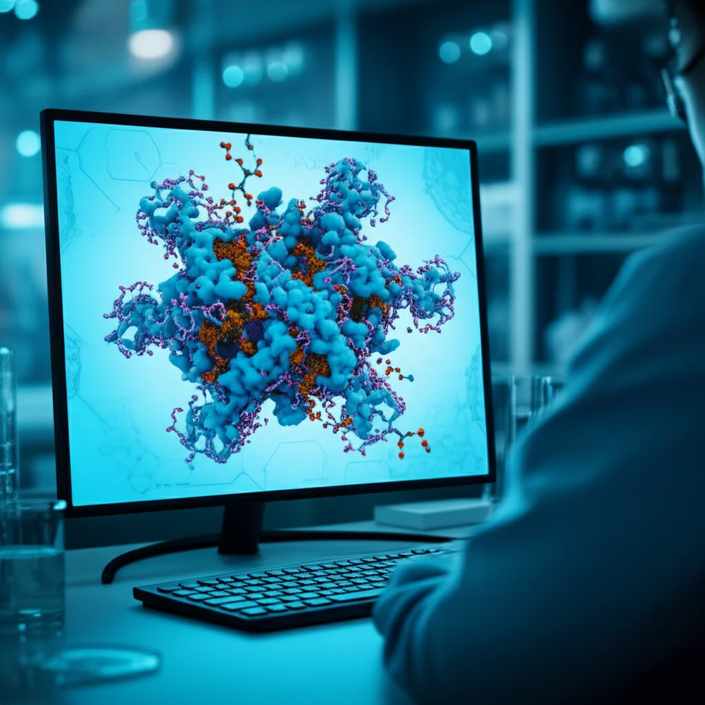 Modello 3D fotorealistico di una proteina target (es. RNA polimerasi dell'HCV) visualizzata su uno schermo di computer in un laboratorio high-tech, con una molecola fitoterapica (Mauritine F) che si inserisce perfettamente nel sito attivo, evidenziando i legami molecolari, alta definizione, focus preciso sull'interazione.