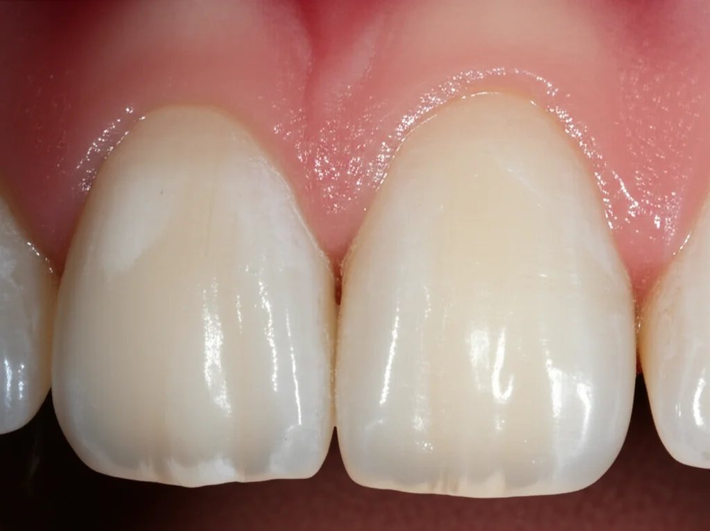 macro lens, 80mm, close-up di un molare permanente con evidenti opacità bianco-giallastre e una piccola frattura dello smalto tipiche della MIH, illuminazione controllata da studio dentistico, alta definizione