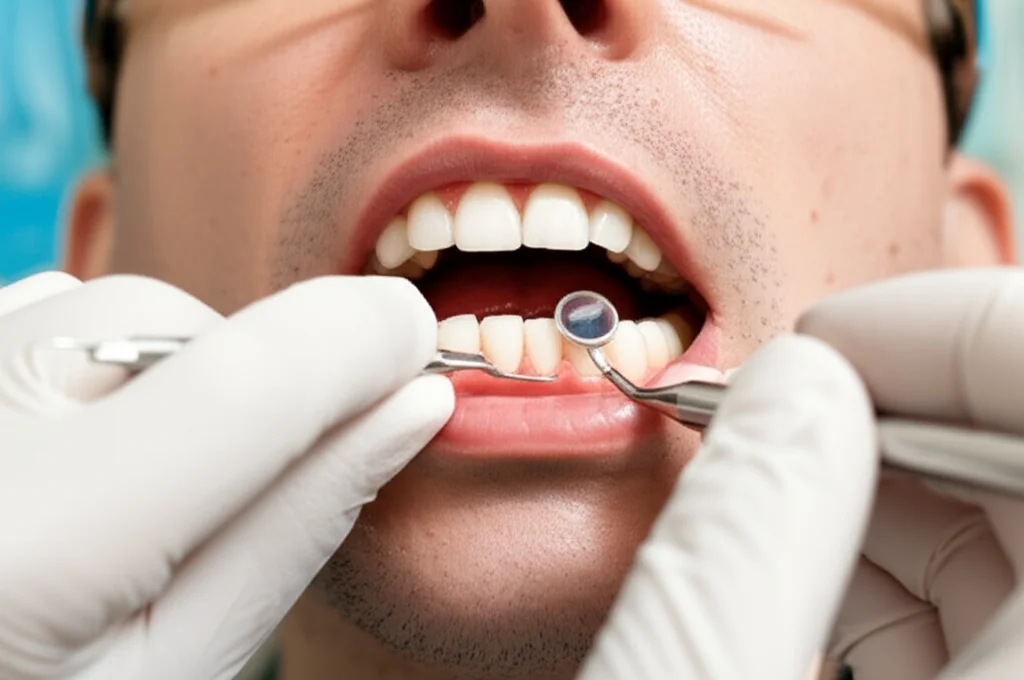 prime lens, 35mm, vista ravvicinata delle mani guantate di un dentista che applica un materiale restaurativo ibrido vetroionomerico (colore bianco opaco) in una cavità preparata su un molare, isolamento con rullo di cotone visibile, luce da studio dentistico, profondità di campo ridotta