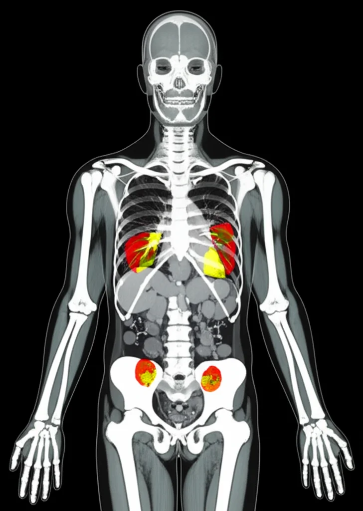 Immagine fotorealistica di una scansione PET/CT total-body, obiettivo macro 100mm, che mostra il corpo umano con aree colorate brillanti (rosso, giallo) in corrispondenza di cuore, fegato e reni, indicanti l'accumulo del tracciante 11C-PIB e quindi di amiloide. Alta definizione, illuminazione controllata per evidenziare i dettagli anatomici e le aree di captazione patologica.