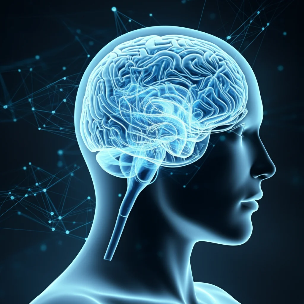 Visualizzazione astratta fotorealistica di network di connessioni tra cervello e organi (cuore, polmoni, tiroide), stile high-tech con linee luminose su sfondo scuro, obiettivo grandangolare 24mm, a simboleggiare la connettività cervello-organo nell'amiloidosi sistemica, messa a fuoco nitida.