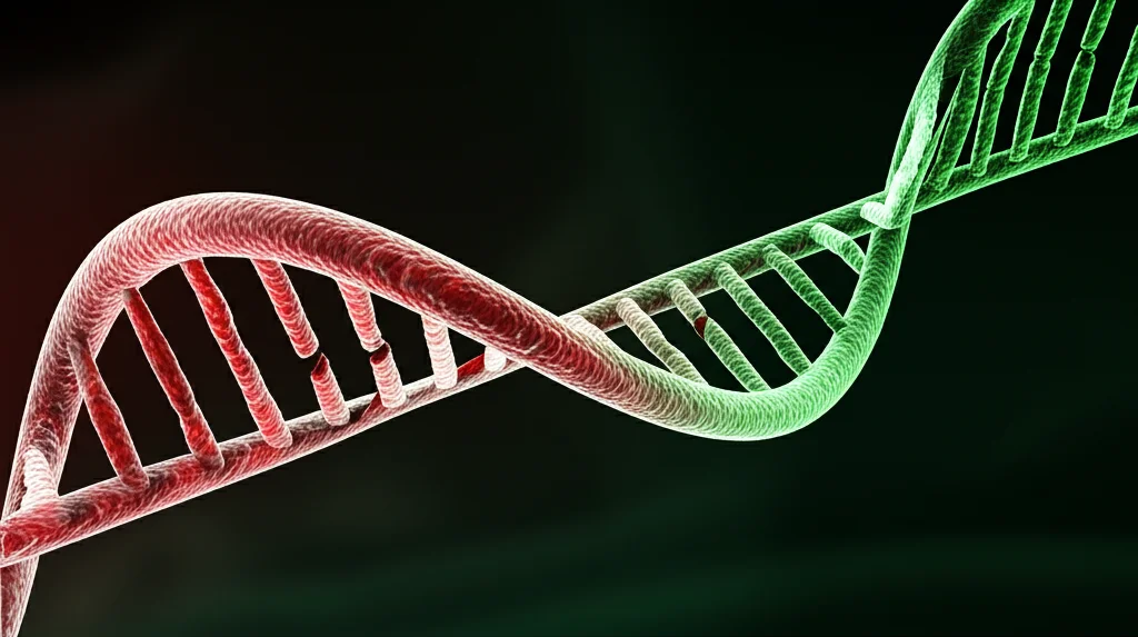 Visualizzazione concettuale astratta di dati di espressione genica. Filamenti simili a DNA/RNA fluttuano su uno sfondo scuro digitale, con segmenti che si illuminano di rosso (sottoregolazione) e verde (sovraregolazione) per rappresentare i geni differenzialmente espressi sotto stress da idrazina. High detail, illuminazione drammatica.