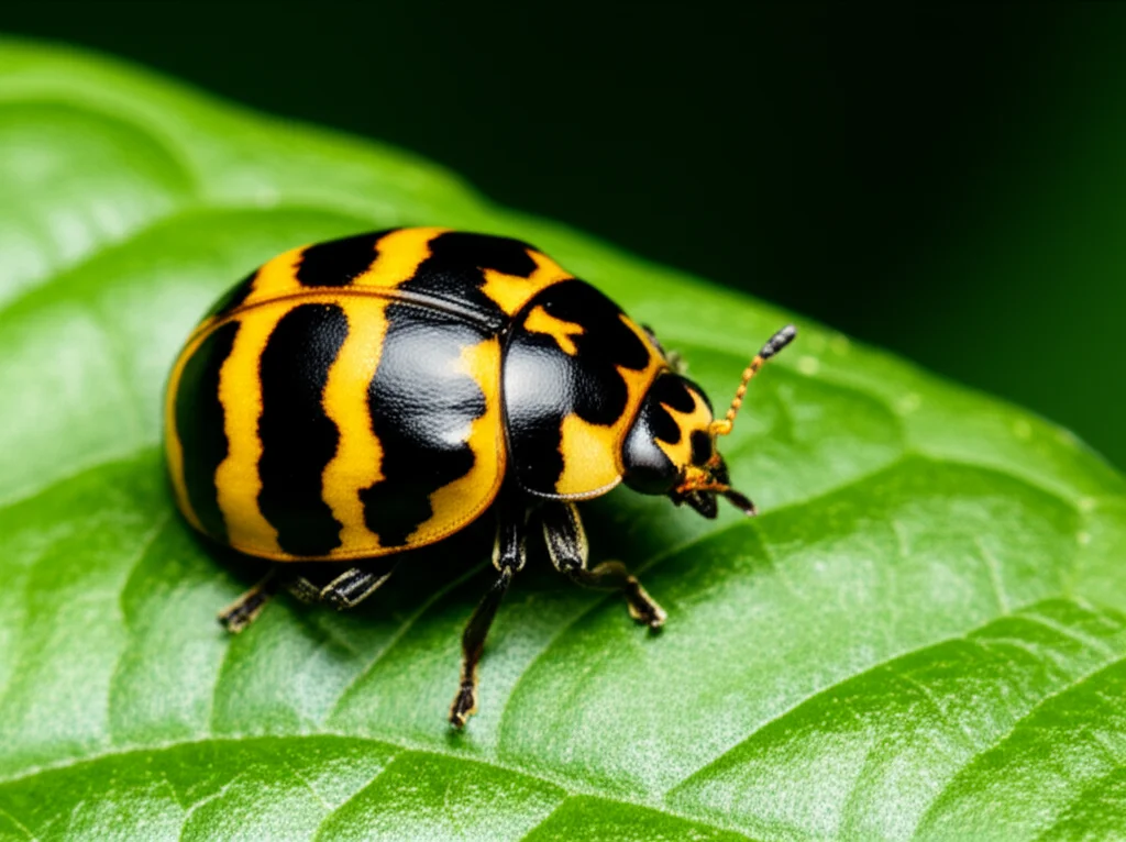Macro fotografia di una coccinella Cheilomenes sexmaculata su una foglia verde, messa a fuoco precisa sui dettagli delle elitre a zigzag, illuminazione controllata per evidenziare i colori vivaci, obiettivo macro 100mm.