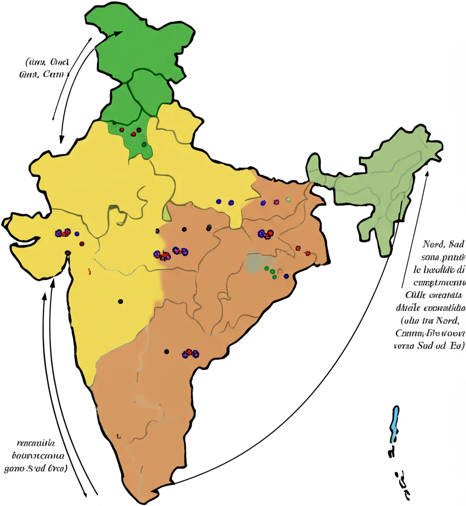Mappa dell'India stilizzata con cinque zone colorate (Nord, Sud, Est, Ovest, Centro) e punti che indicano le località di campionamento delle coccinelle Cheilomenes sexmaculata, con frecce che suggeriscono il flusso genico (alto tra Nord, Centro, Ovest; basso verso Sud ed Est).