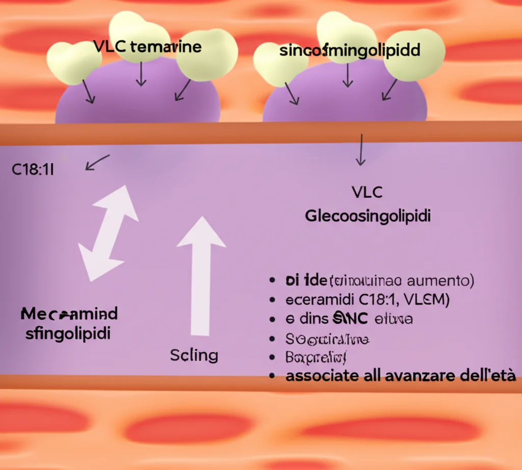 Illustrazione concettuale, stile scientifico, che mostra diverse molecole di sfingolipidi con frecce che indicano aumento (ceramidi C18:1, VLC SM) e diminuzione (Glicosfingolipidi, Sfingosina) associate all'avanzare dell'età, su uno sfondo che rappresenta il flusso sanguigno.