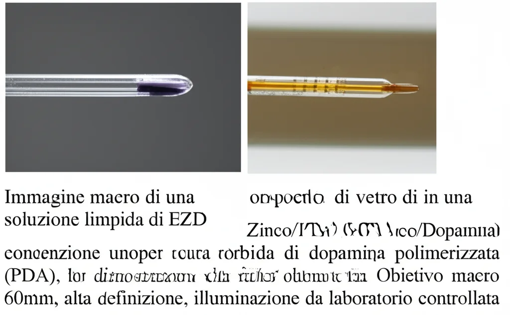 Immagine macro di una soluzione limpida di EZD (EDTA/Zinco/Dopamina) in una provetta di vetro, accanto a una provetta contenente una soluzione scura e torbida di dopamina polimerizzata (PDA), a dimostrazione della stabilità ottenuta con la chelazione. Obiettivo macro 60mm, alta definizione, illuminazione da laboratorio controllata.