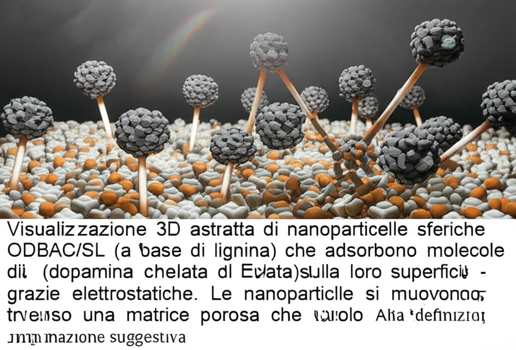 Visualizzazione 3D astratta di nanoparticelle sferiche ODBAC/SL (a base di lignina) che adsorbono molecole di EZD (dopamina chelata) sulla loro superficie grazie ad attrazioni elettrostatiche. Le nanoparticelle si muovono attraverso una matrice porosa che rappresenta il suolo. Alta definizione, illuminazione suggestiva.