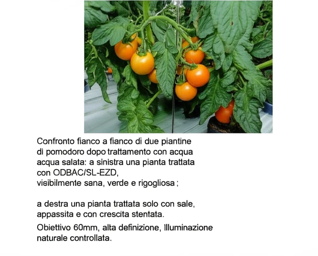 Confronto fianco a fianco di due piantine di pomodoro dopo trattamento con acqua salata: a sinistra una pianta trattata con ODBAC/SL-EZD, visibilmente sana, verde e rigogliosa; a destra una pianta trattata solo con sale, appassita, ingiallita e con crescita stentata. Obiettivo 60mm, alta definizione, illuminazione naturale controllata.