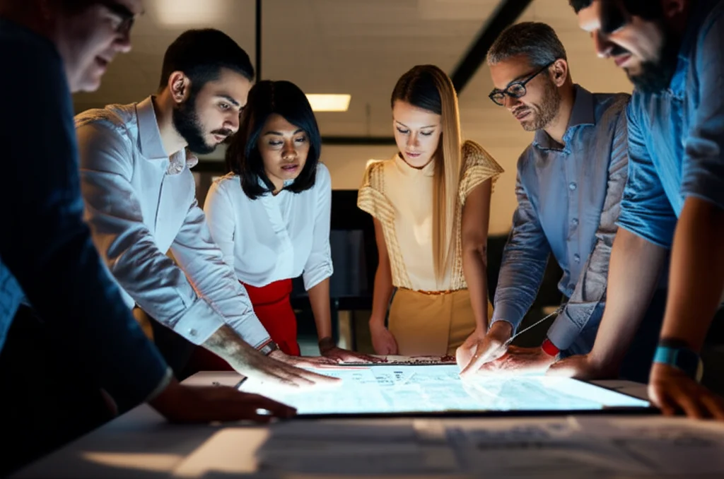 Immagine fotorealistica di un gruppo eterogeneo di professionisti in un moderno ufficio open space che collaborano attorno a un tavolo interattivo luminoso, visualizzando grafici di dati e reti di connessioni. Stile ritratto di gruppo, obiettivo 35mm, profondità di campo per mettere a fuoco il gruppo ma sfocare leggermente lo sfondo, illuminazione controllata e professionale.