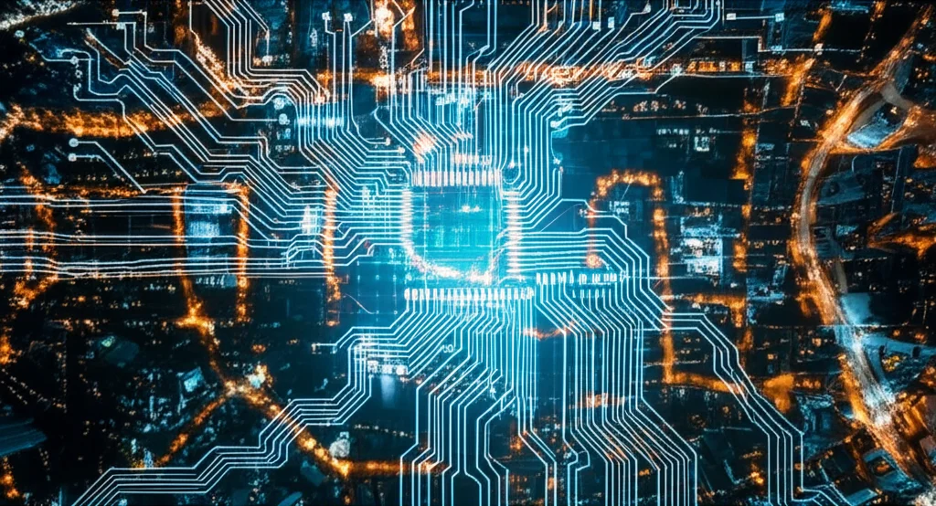 Veduta aerea fotorealistica di un paesaggio urbano notturno trasformato in un circuito elettronico luminoso, con flussi di dati che collegano diversi edifici e distretti, a simboleggiare un ecosistema aziendale riconfigurato e interconnesso. Scatto grandangolare 15mm, lunga esposizione per catturare le scie luminose, focus nitido sull'intera scena, atmosfera high-tech.