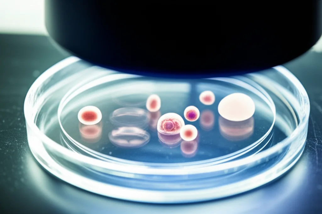 Microscopio in un laboratorio di PMA, focus su una piastra di Petri con embrioni umani in coltura allo stadio di blastocisti, illuminazione controllata dal basso, lente macro 100mm, alta definizione dei dettagli cellulari.