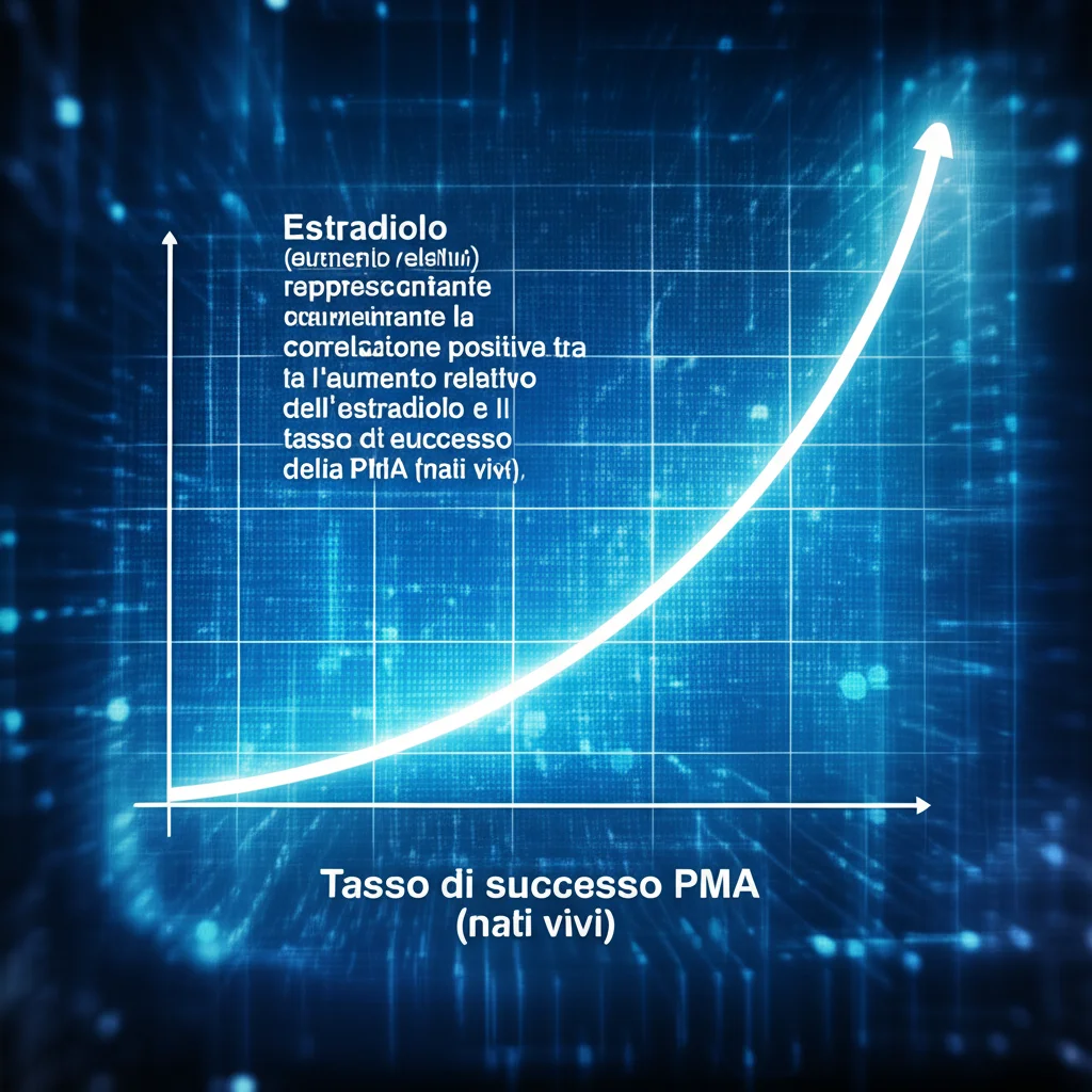 Grafico stilizzato su schermo digitale che mostra una curva ascendente netta, rappresentante la correlazione positiva tra l'aumento relativo dell'estradiolo e il tasso di successo della PMA (nati vivi), sfondo astratto high-tech, colori blu elettrico e bianco.