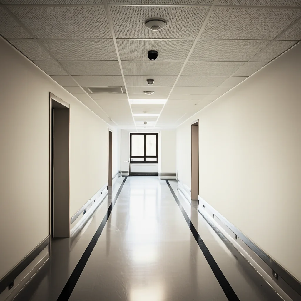 Fotografia realistica di un corridoio d'ospedale moderno ma vuoto, con un rilevatore di fumo ben visibile sul soffitto, obiettivo 35mm, luce naturale filtrata da una finestra, profondità di campo media.