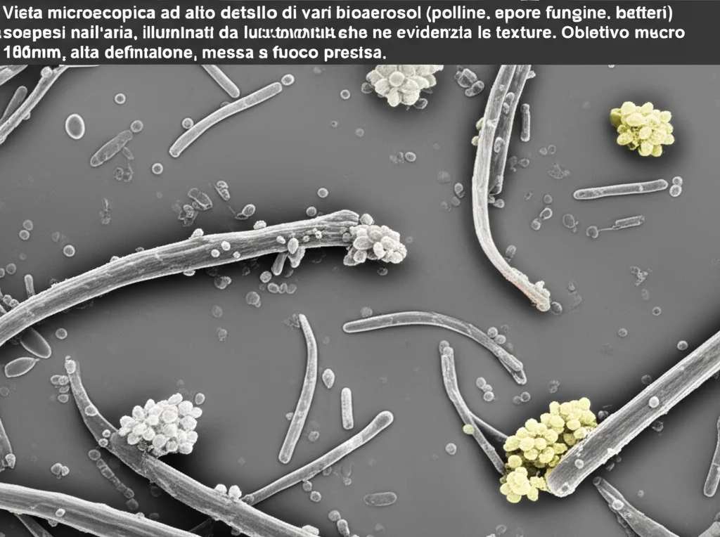 Vista microscopica ad alto dettaglio di vari bioaerosol (polline, spore fungine, batteri) sospesi nell'aria, illuminati da luce controllata che ne evidenzia le texture. Obiettivo macro 100mm, alta definizione, messa a fuoco precisa.