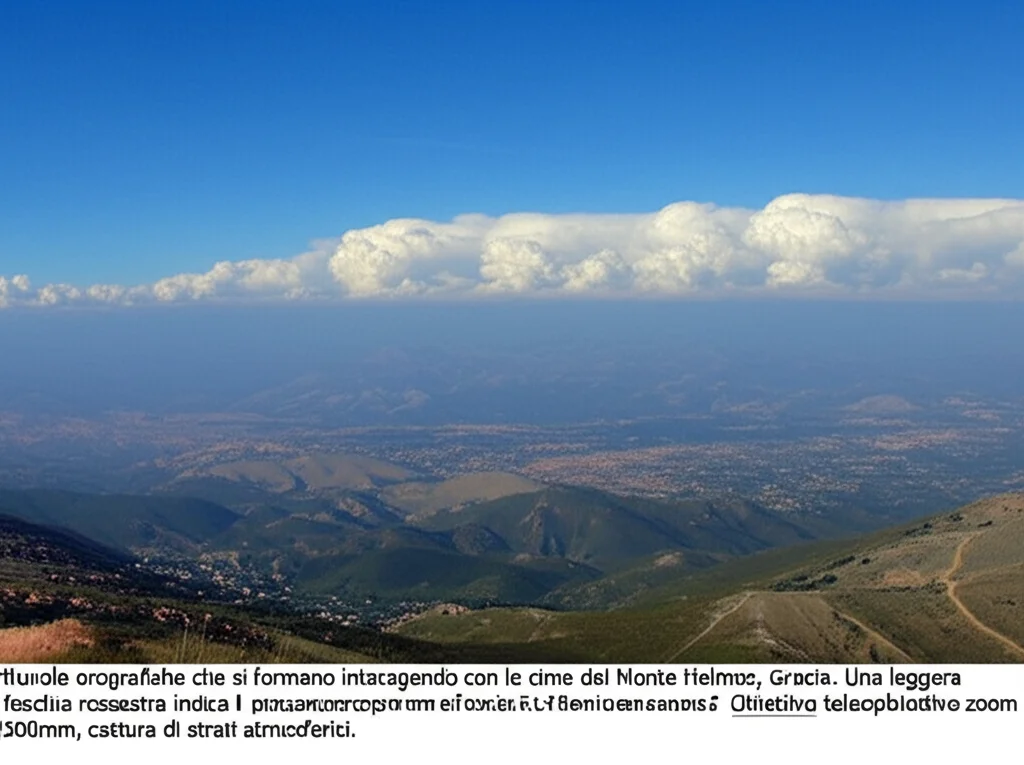 Nuvole orografiche che si formano interagendo con le cime del Monte Helmos, Grecia. Una leggera foschia rossastra indica la presenza di polvere Sahariana mescolata alle nuvole. Obiettivo teleobiettivo zoom 200mm, cattura di strati atmosferici.