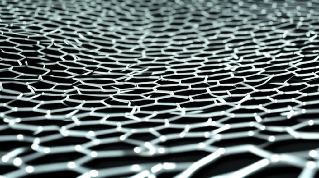 Visualizzazione 3D fotorealistica di due strati di grafene esagonali sovrapposti con un leggero angolo di torsione, creando un pattern moiré. Uno strato è leggermente stirato (tensione uniassiale), deformando il pattern. Lente macro 100mm, illuminazione controllata per evidenziare la struttura atomica e la deformazione, alto dettaglio.