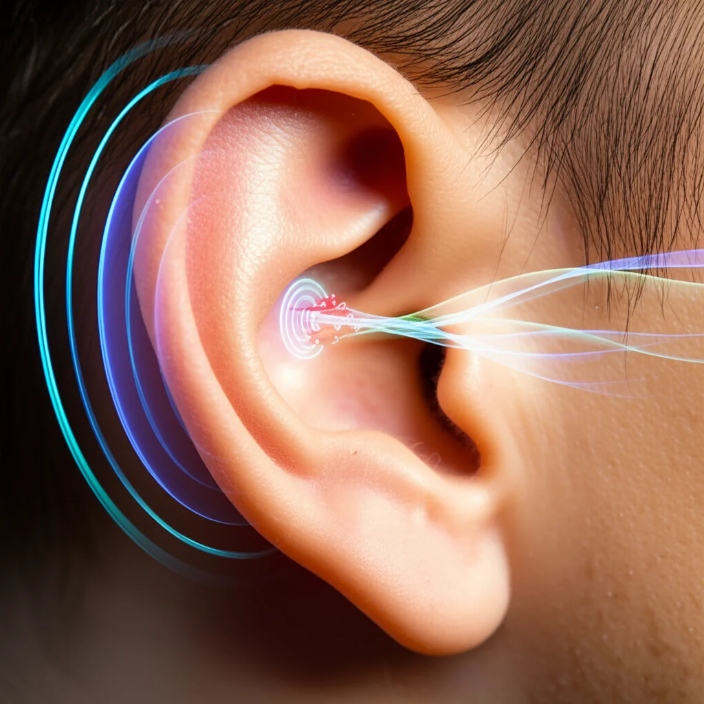Primo piano di un orecchio umano con onde sonore stilizzate che entrano, simboleggiando l'elaborazione uditiva centrale. Macro lens, 80mm, high detail, controlled lighting.