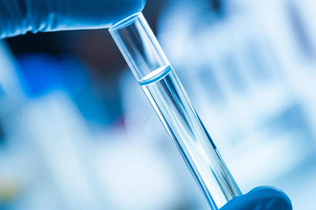 Primo piano di una provetta con campione di DNA in un laboratorio di genetica medica, luce controllata, obiettivo macro 100mm, alta definizione, focus preciso sul campione, colori freddi.