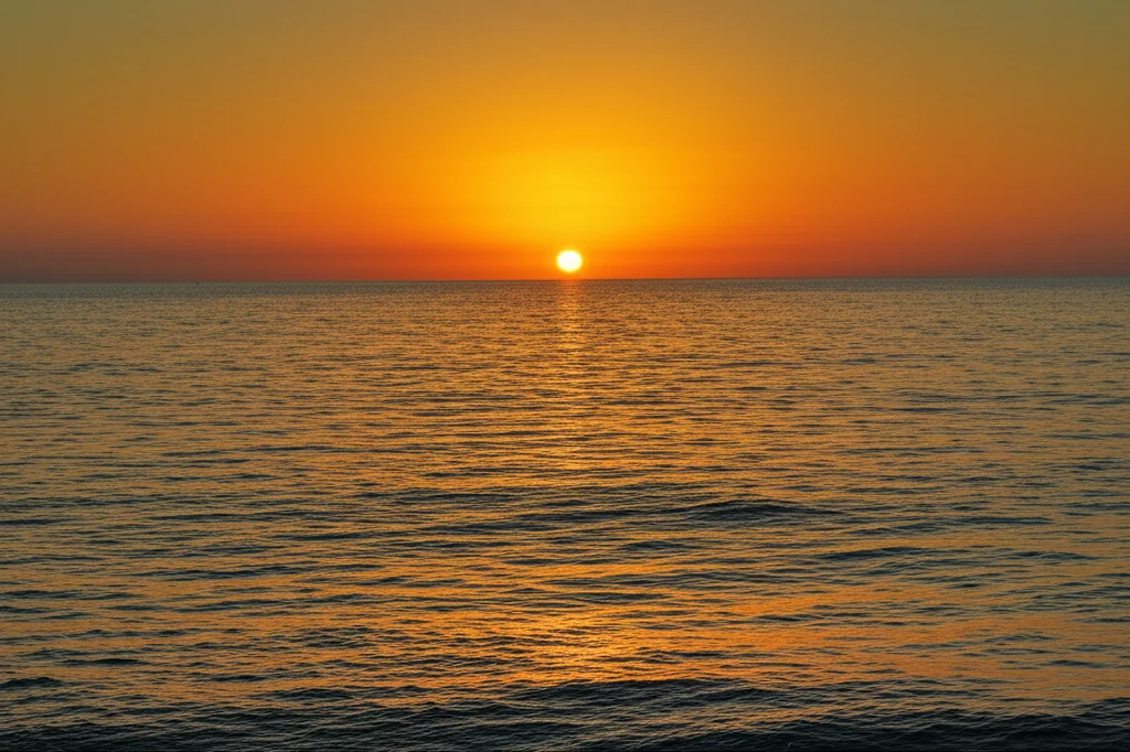 Fotografia di paesaggio, grandangolo 24mm, alba luminosa su un orizzonte marino sereno, colori caldi e morbidi, simboleggia la speranza e il futuro della ricerca medica e della prevenzione del cancro.