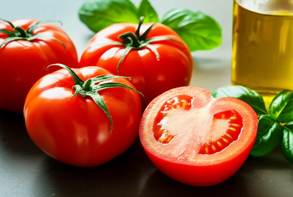 Fotografia macro still life di pomodori rossi maturi e succosi, alcuni tagliati a metà per mostrare l'interno ricco di licopene, accanto a una bottiglia di olio extra vergine d'oliva e rametti di basilico fresco. Obiettivo macro 90mm, alta definizione, messa a fuoco precisa sui semi del pomodoro, illuminazione naturale calda e controllata che esalta i colori vivaci.