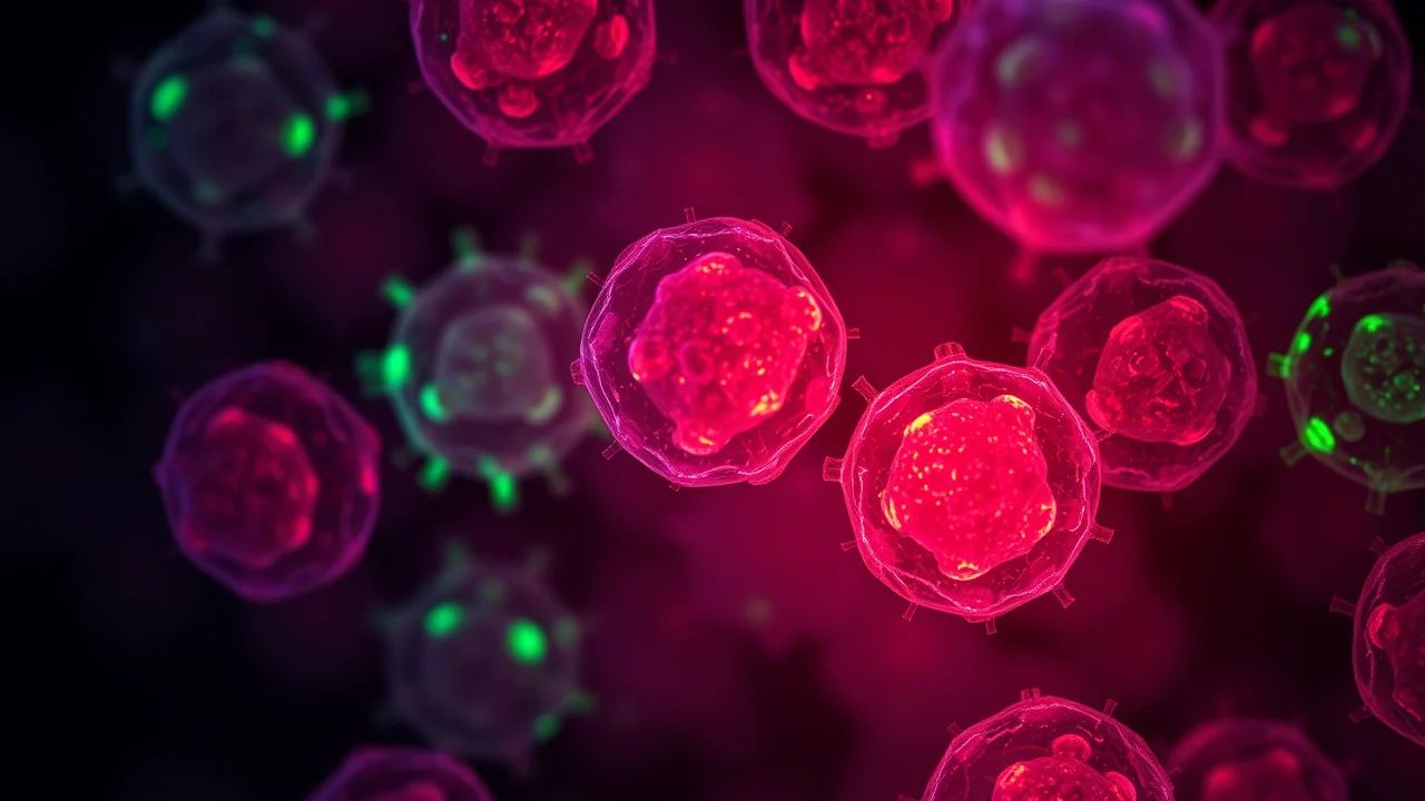 Micrografia ad alta risoluzione che mostra cellule T del sistema immunitario (linfociti) evidenziate con marcatori fluorescenti colorati (es. CD4 in rosso, CD8 in verde) su uno sfondo scuro. Dettaglio elevato delle membrane cellulari, stile scientifico ma visivamente accattivante. Illuminazione da fluorescenza.