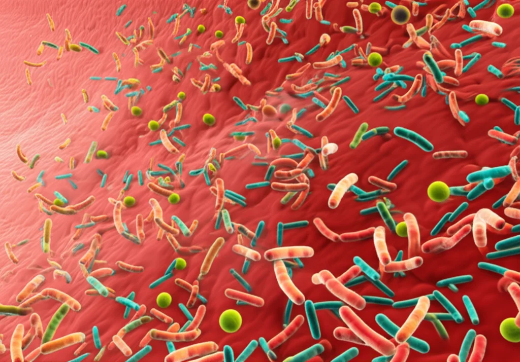 Visualizzazione 3D astratta e colorata del microbiota intestinale, con diverse forme e dimensioni di batteri che fluttuano in un ambiente stilizzato che rappresenta l'intestino. Colori vivaci, alta definizione, illuminazione suggestiva che crea profondità.