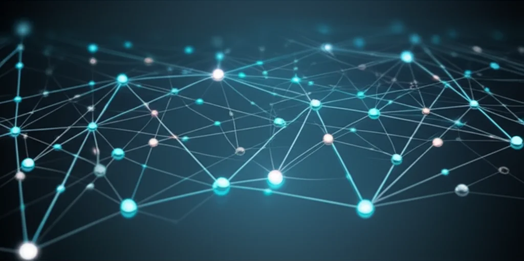 Visualizzazione astratta di una rete neurale autoencoder con strati di codifica e decodifica, nodi luminosi e connessioni su sfondo scuro, che simboleggia l'apprendimento non supervisionato, obiettivo grandangolare 20mm, lunga esposizione per scie luminose.