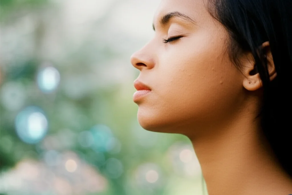 35mm portrait, depth of field, representing a person taking a deep, clear breath, with subtle background elements hinting at cellular health and clean air.