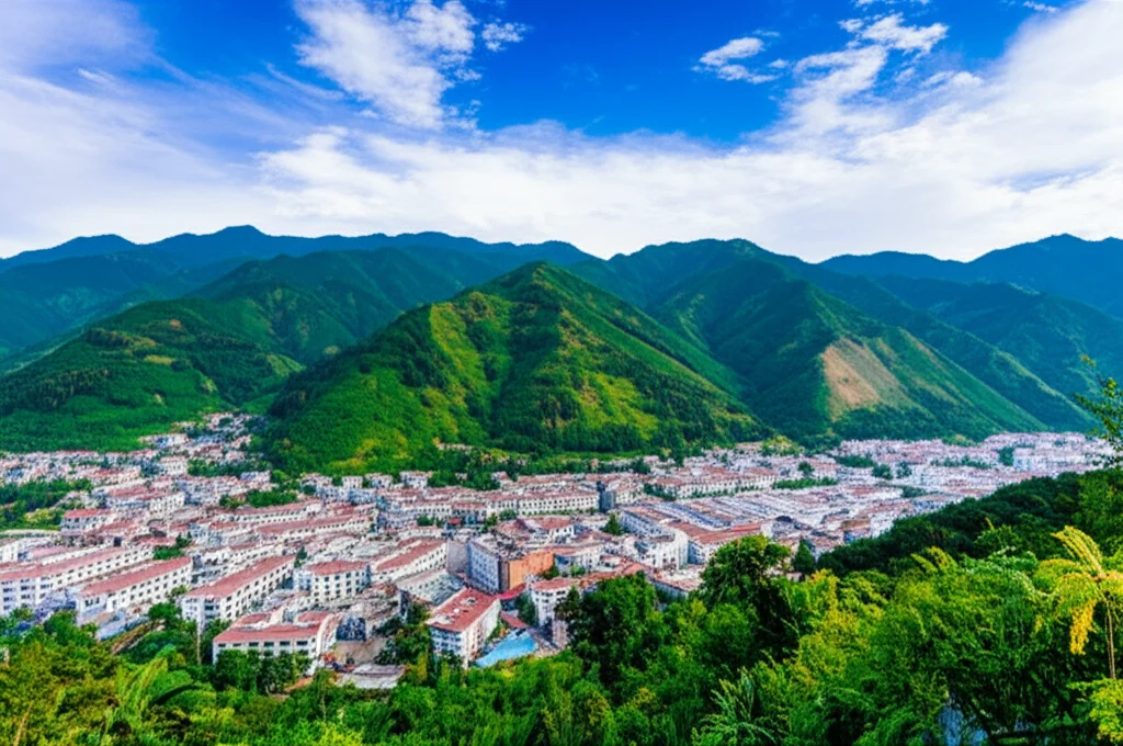 Fotografia grandangolare del paesaggio urbano di Gengma, Yunnan, Cina, una città di confine incastonata tra colline verdi. Obiettivo 18mm, luce del giorno chiara, messa a fuoco nitida sull'intera scena, per rappresentare il contesto geografico dello studio sull'impatto del lockdown COVID-19 sulla propensione al rischio.