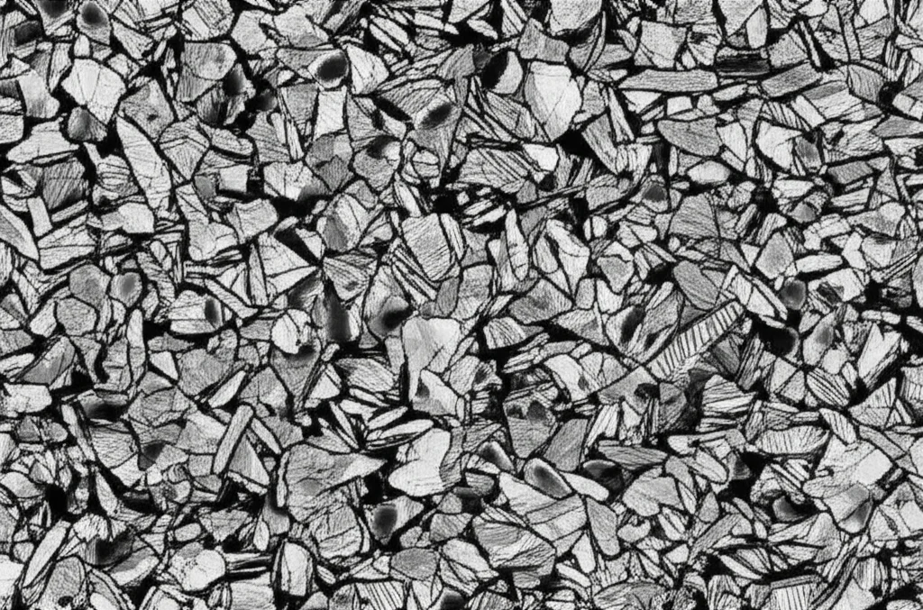 Macro lens shot, 105mm, high detail, precise focusing, controlled lighting, showing the intricate microstructure of a metal alloy after cryogenic treatment, highlighting fine grains and complex internal structures.