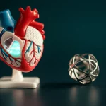 Close-up, macro lens, 60mm, of a miniature, glowing heart model next to a tiny, intricate TAVR valve, symbolizing hope and advanced pediatric cardiac care. High detail, precise focusing, controlled lighting.