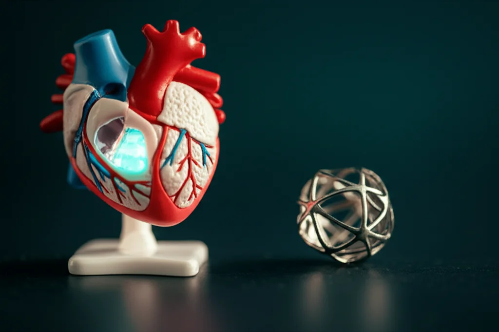 Close-up, macro lens, 60mm, of a miniature, glowing heart model next to a tiny, intricate TAVR valve, symbolizing hope and advanced pediatric cardiac care. High detail, precise focusing, controlled lighting.