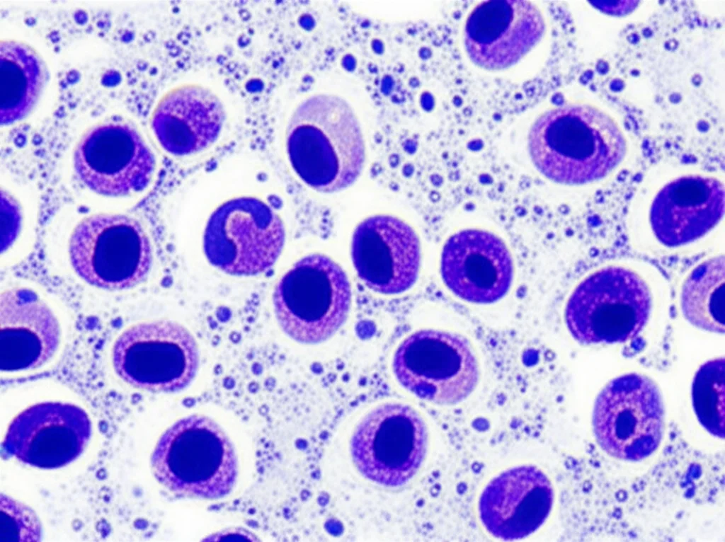 Immagine macro di cellule linfatiche al microscopio, che mostra la transizione da cellule di linfoma indolente a cellule più grandi e aggressive di DLBCL, illuminazione controllata, alta definizione, focale 100mm.
