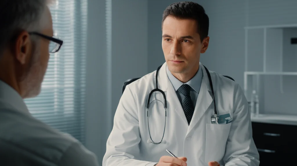 Ritratto di un medico ematologo che discute opzioni terapeutiche personalizzate con un paziente, ambientazione clinica luminosa, espressioni rassicuranti, stile film noir leggero, focale 35mm.