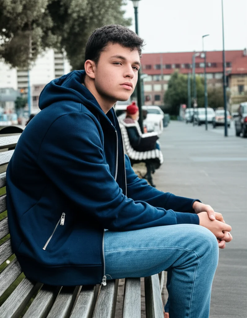 Ritratto fotografico di un adolescente neozelandese (17 anni) seduto da solo su una panchina in un parco urbano, espressione pensierosa e leggermente ansiosa guardando verso l'orizzonte, luce del tardo pomeriggio, profondità di campo ridotta che sfoca lo sfondo urbano, obiettivo 35mm, toni duo blu e grigio per accentuare la malinconia.